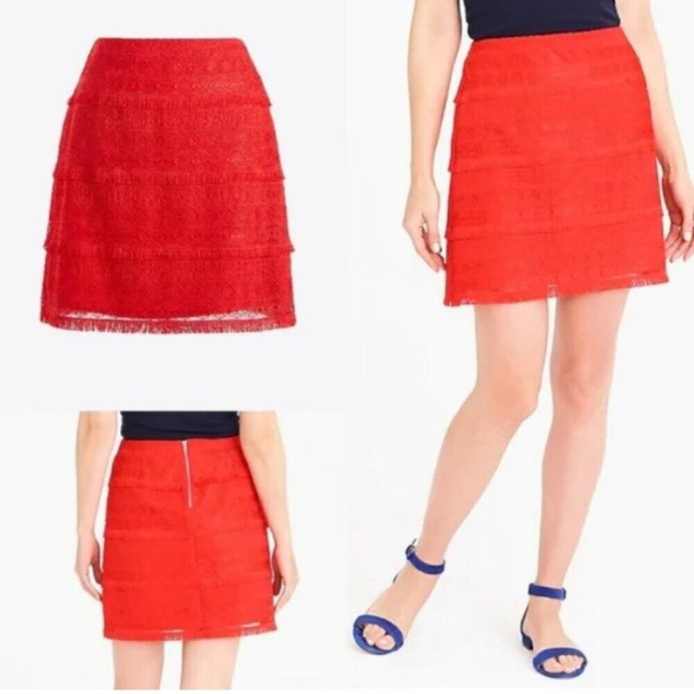 J. Crew Red Fringe Lace Mini Skirt J0902 Women's Size 10 NWT